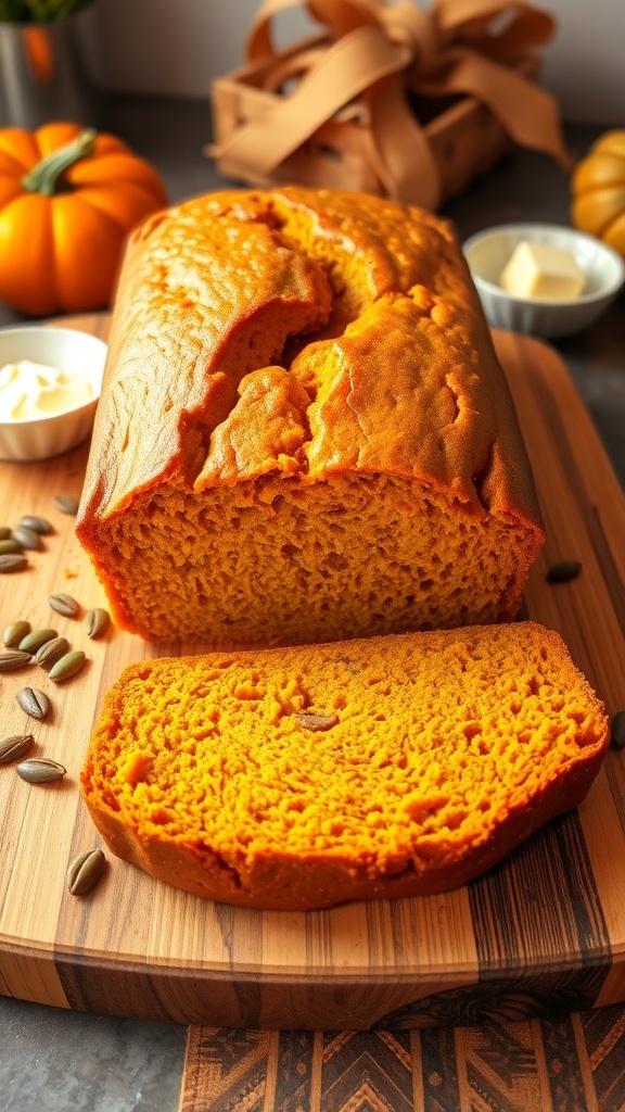 Moist Pumpkin Bread Recipe A golden-brown loaf of pumpkin bread sliced, with butter and pumpkin seeds on a wooden board.